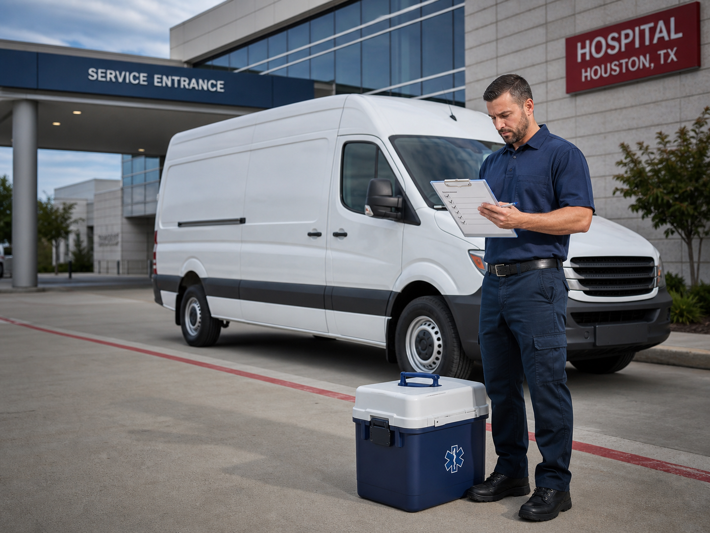 Medical courier driver reviewing a checklist beside an unbranded delivery van
